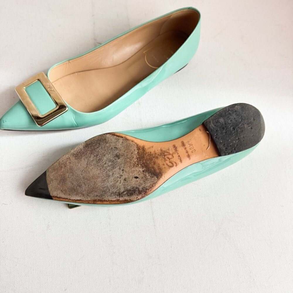 Roger Vivier Sea-foam Green Classic Buckle Accent Pointy Toe Flats  36.5 - Picture 8 of 12